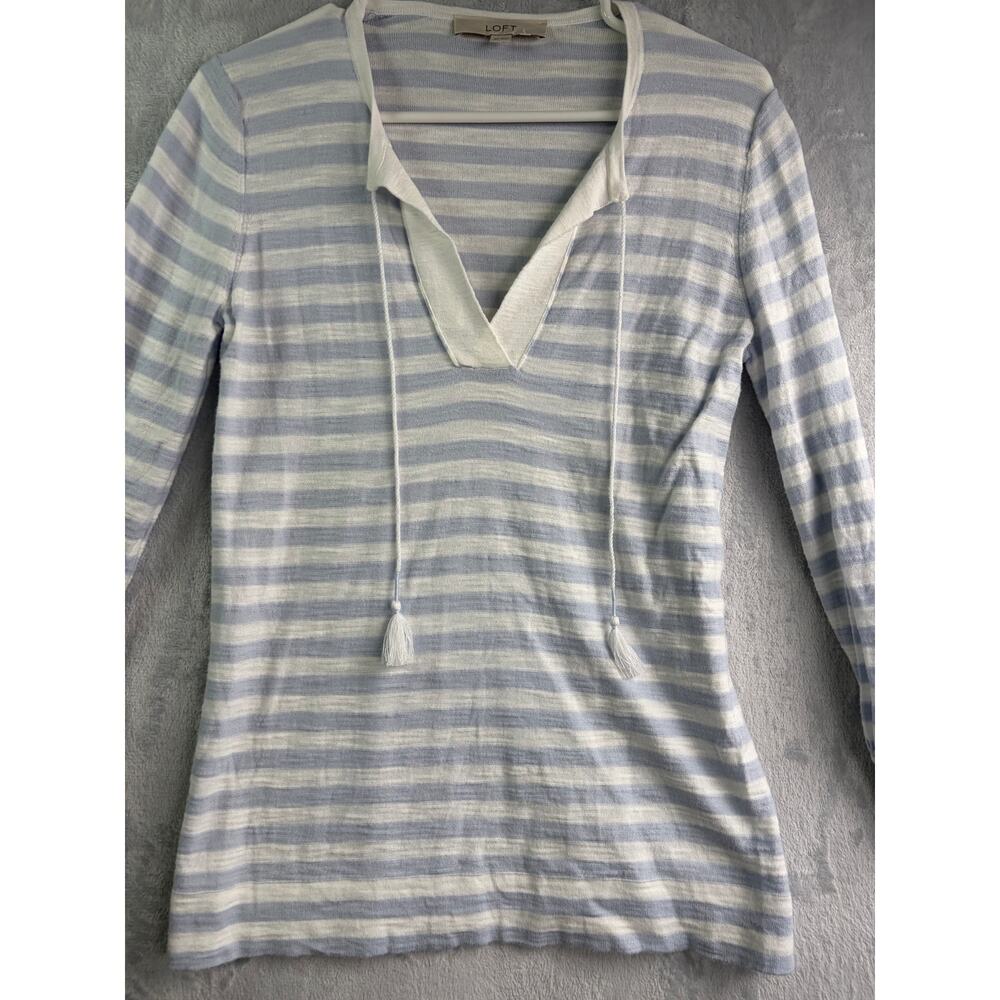 LOFT Blue White Striped Tassel Tie V-Neck Long Sleeve Top - Size XS - Picture 5 of 9